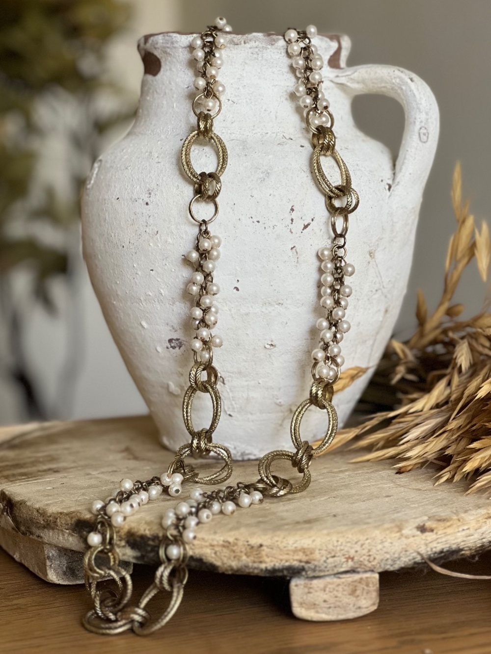 Faux Pearl and Gold Braided Chain Necklace